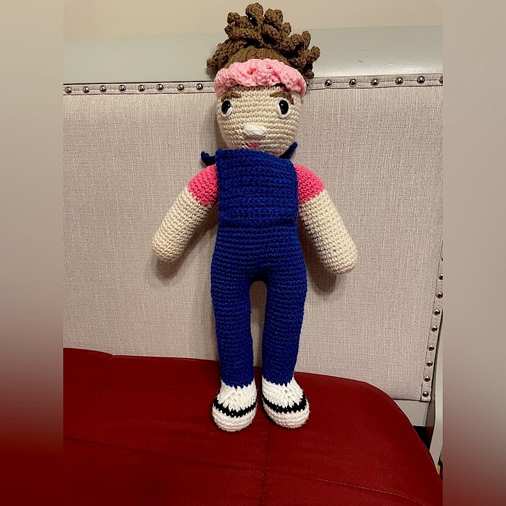 Handmade Crochet Doll with Blue Overalls